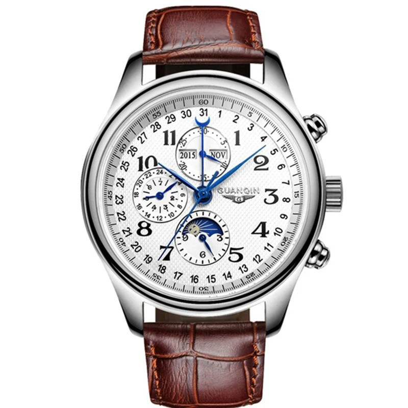 

GUANQIN GQ20022 Men's Watch Automatic Mechanical Leather Moon Phase Casual Watches, As picture