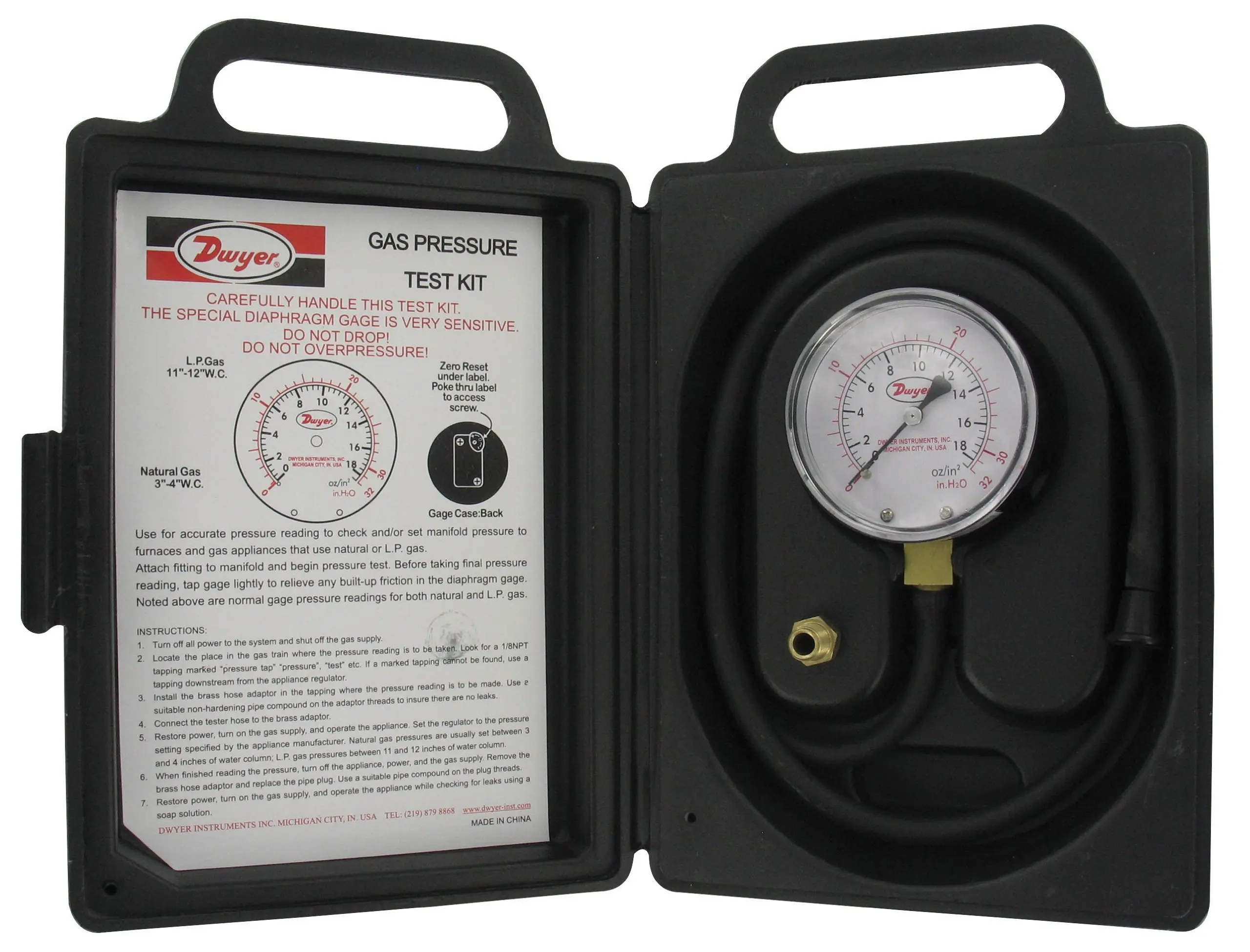 +//-1.5/% Accuracy 0 oz//sq in//WC-20 oz//sq in//WC Pressure Range NOSHOK 200 Series Dry Dial Indicating Low Pressure Diaphragm Gauge with Gas Pressure Test Kit 2-1//2 Dial