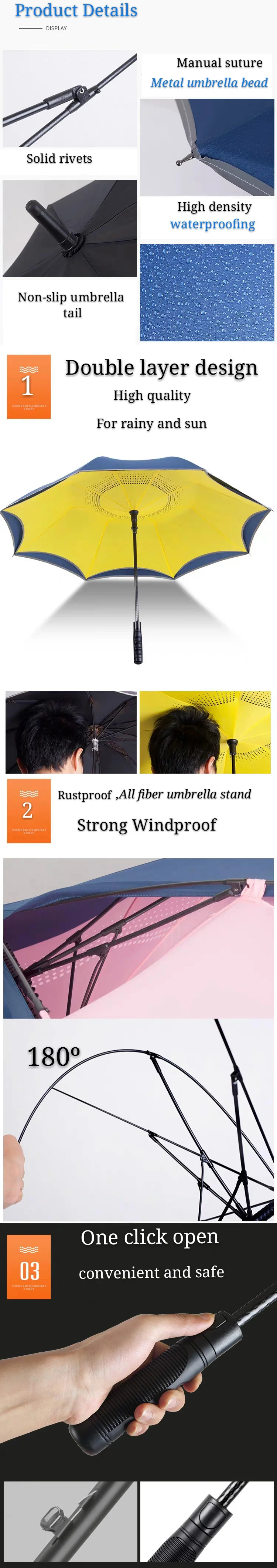 Windproof auto open straight double layer umbrella, straight umbrella with reflective strip