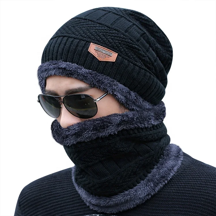 
High Quality Customizable Men Double Layered Thick Beanie Adn Scarf Set Warm Winter Striped Knitted Hat 