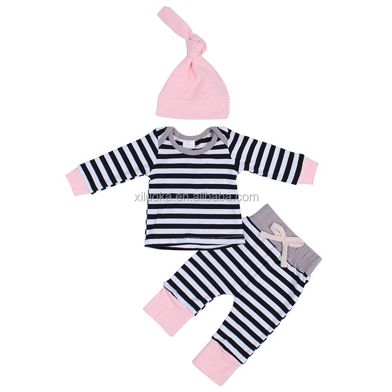 

New Design Summer Long Sleeve Black Stripe Toddler Infants 2 PCS Set Baby Girls Outfit, Picture
