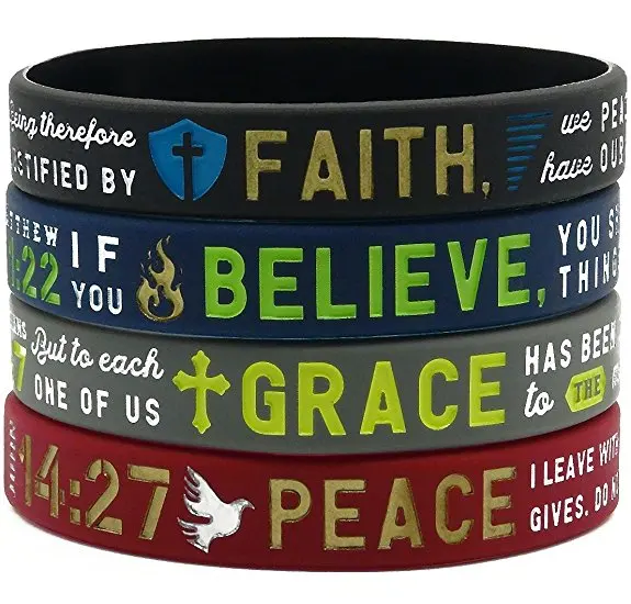 

Personalized "Faith, Believe, Peace, Grace" Silicone Bible Bracelets - Deboss Christian Religious Rubber wristband Jewelry Gifts, Any pantone colors