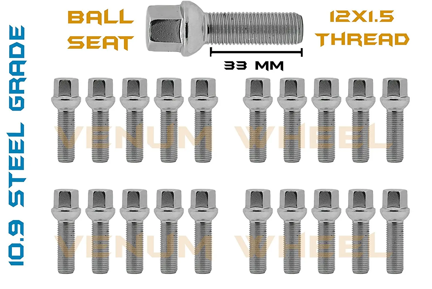 10 Pc 55 mm Ball Seat Lug Bolts M14x1.5 Extended Shank Length