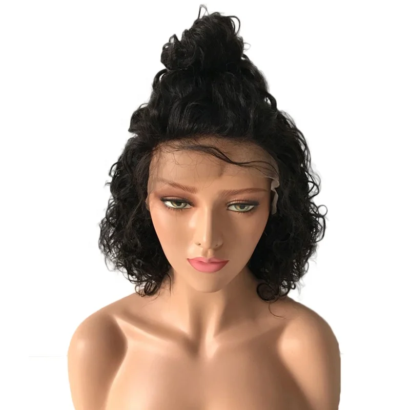 

9A Brazilian Virgin Human Hair Swiss Lace Short Curly Bob Lace Front Wig Pre Plucked Hairline