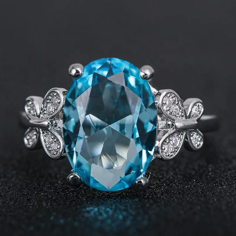 

Caoshi 925 Silver Filled Oval Shape Cz Diamond Ring Sea Blue Big Blue Zircon Stone Ring Designs For Women