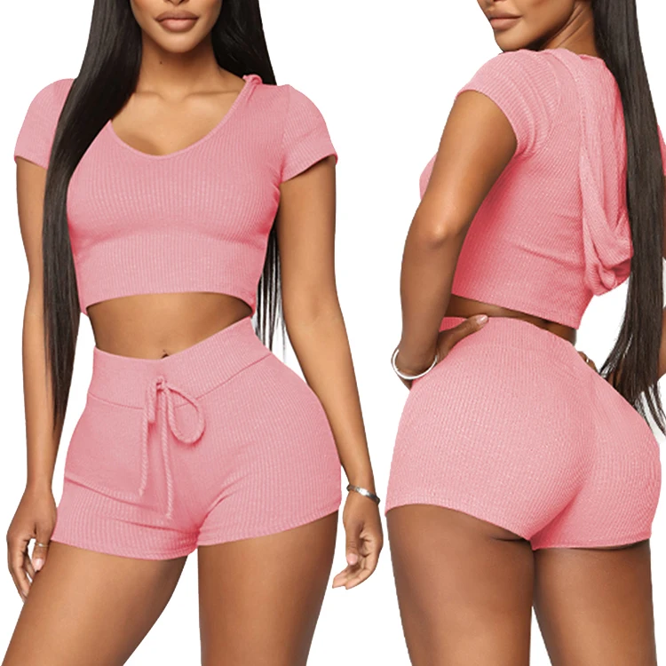 

Feelingirls Pink U Neck Short Sleeves Threaded Crater High Waist 2 Pieces Women Yoga Jumpsuits Summer Shorts