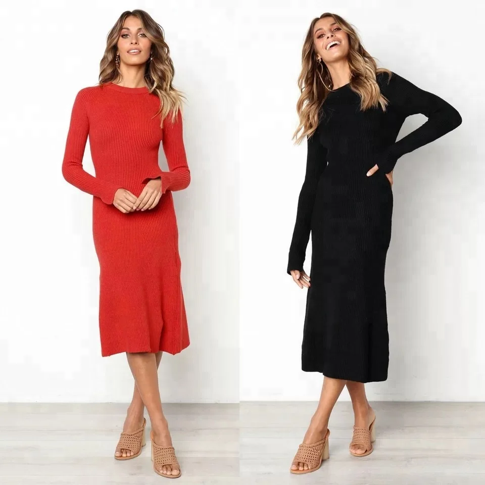 

2018 Women's Autumn Spring Sexy Robe Sexy Midi Sheath Slim Knit Long Sleeve Elegant Bodycon Dress