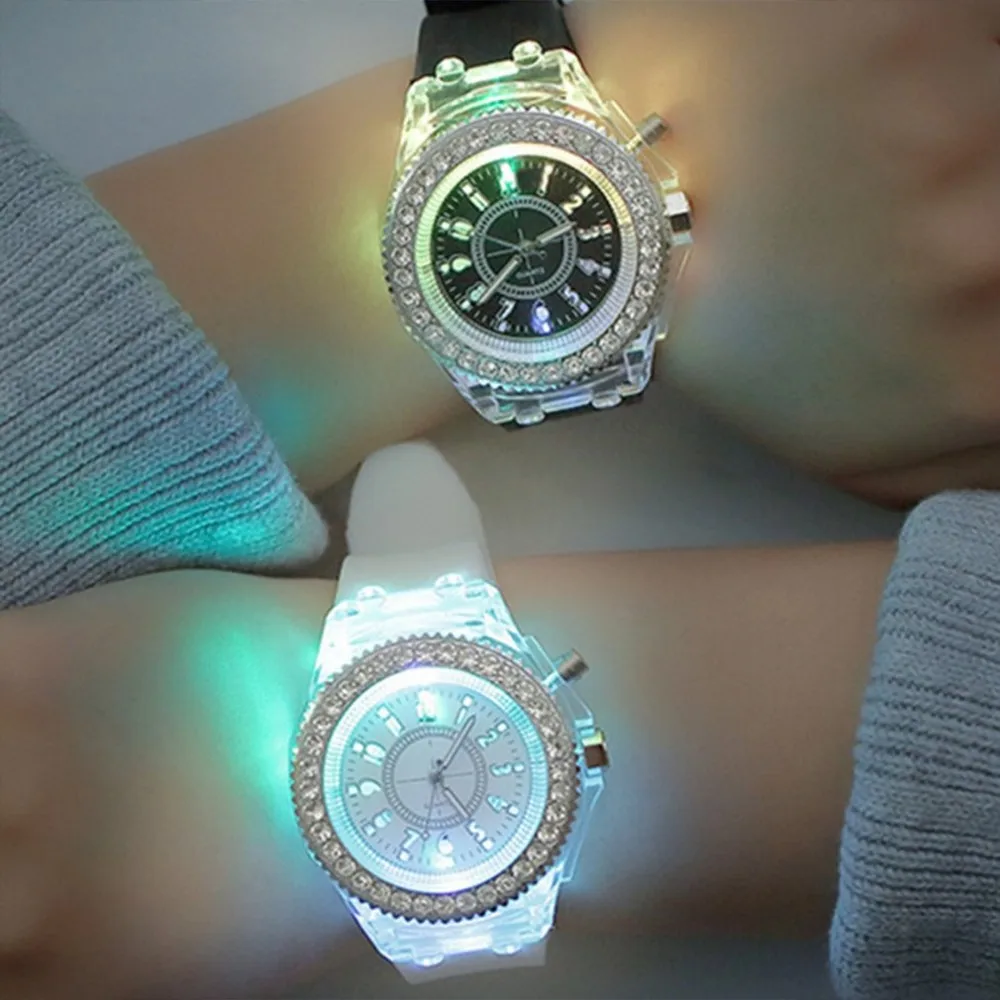 led flash luminous watch personality trends students lovers jellies woman men's watches 7 color light wristwatch