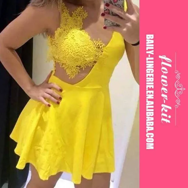 

Sexy V Neck Spaghetti Strap Sleeveless Yellow Polyester Mini Dress with lace, As shown