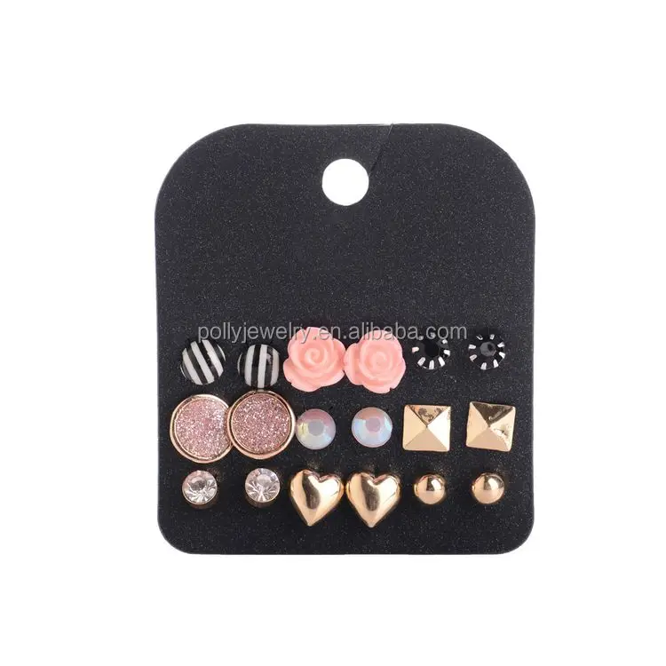 

2019 New Product Hot Sell Korean Style Flower Heart Square Round Fashion Small Stud Lay Earring Set, Gold pink black