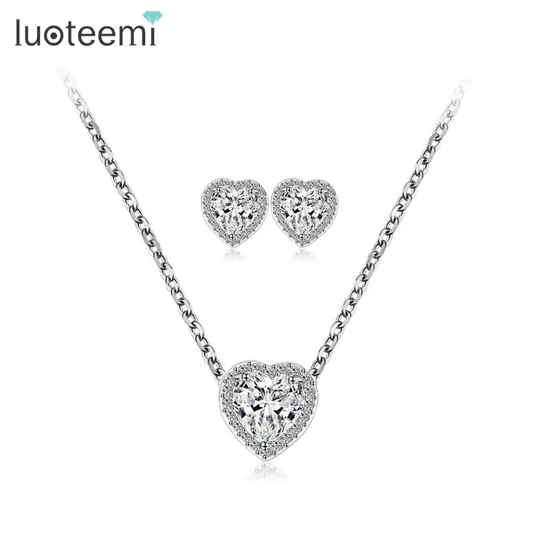 

LUOTEEMI Wholesale Romantic Fashion Cheap Sparkling Cubic Zircon Paved Women Girls Love Heart Shape Stud Earrings Necklace Set