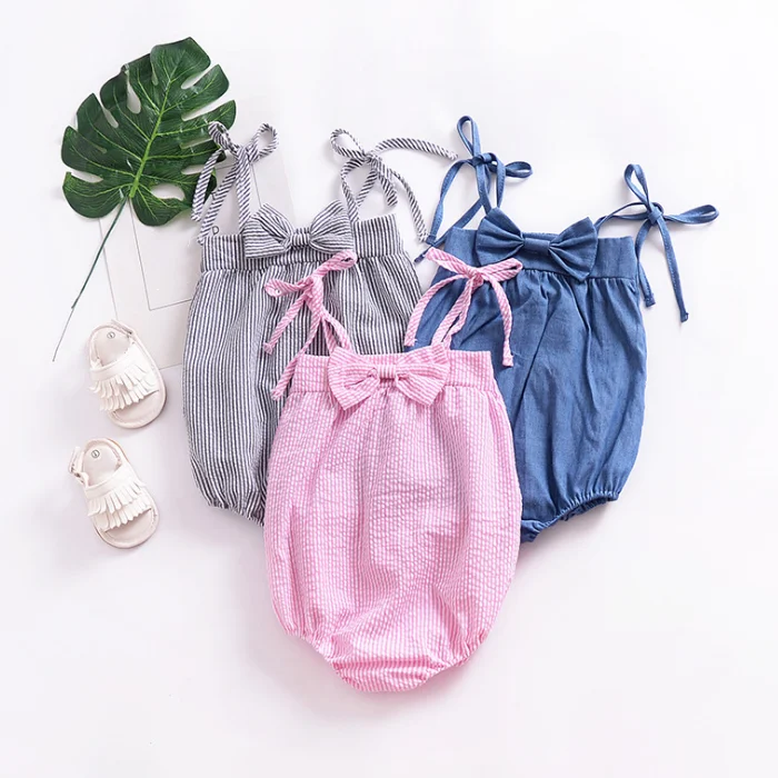 
New Bow Design Baby Clothes Little Girls Fashion Spaghetti Strap Bodysuit Baby Princess Party Romper 