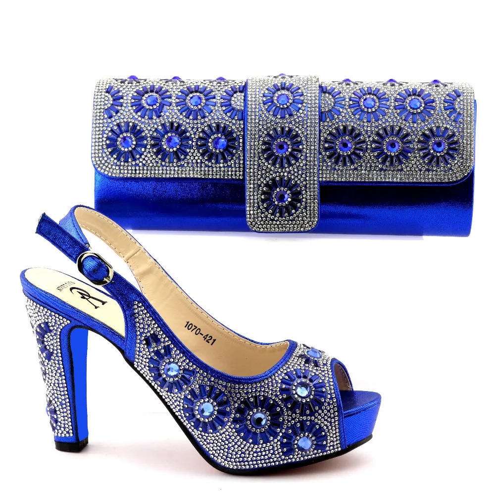 

FAST SHIPPING!Royal Blue Shoe and Bag Set Decorated with Rhinestone African Women Matching Italian Shoe and Bag Set for Wedding