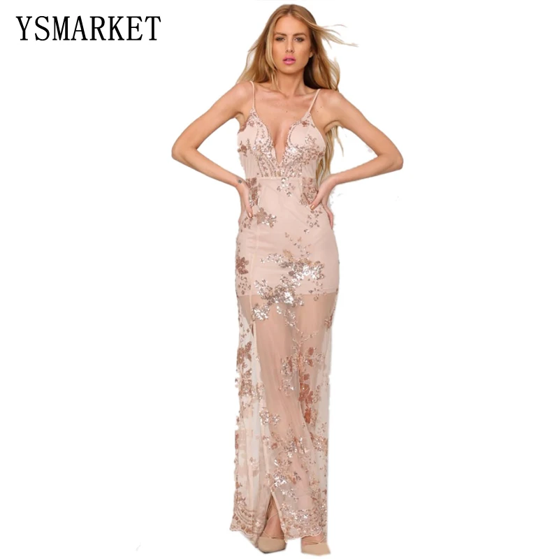 

New Fashion Nightclub Deep V neck Sequins Sexy Dress Maxi Women Backless Perspective Beach Summer Party Dress Elegant Vestidos