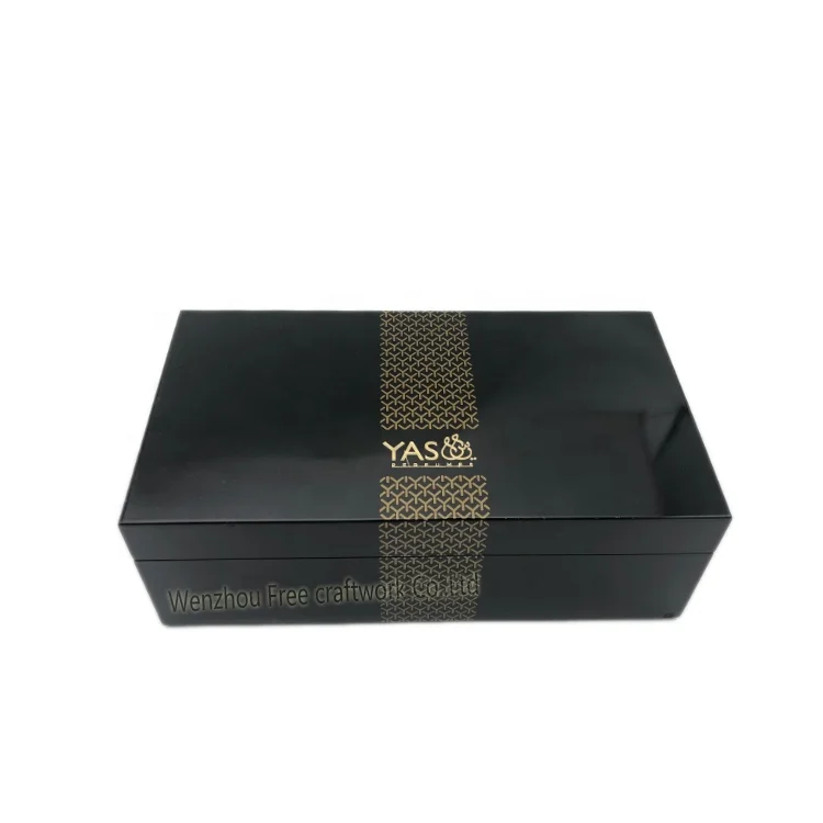 
Custom luxury black piano paint MDF wooden box for storage perfume varnish wooden Packaging gift box with hinged lids 
