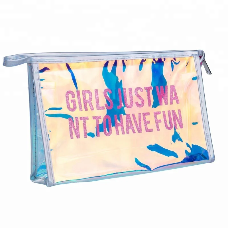 

Trending Travel Girls Just Want to Have Fun Printing Transparent PVC Laser Effect Holographic Beauty Organizer Cosmetic Bag, Fuschia, pink