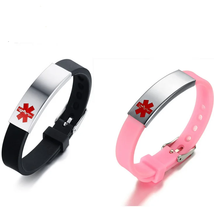 Custom Stainless Steel Jewelry Black Pink Medical Alert Bracelet,Diabetes Silicone Bracelet