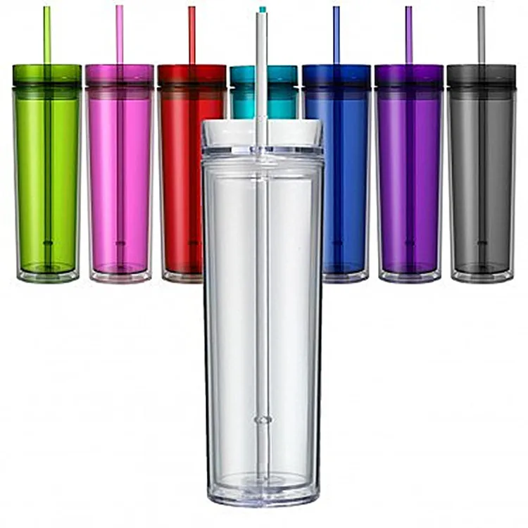 

16oz Classic insulated double wall Acrylic skinny colorful Tumbler With Straw Plastic tumblers