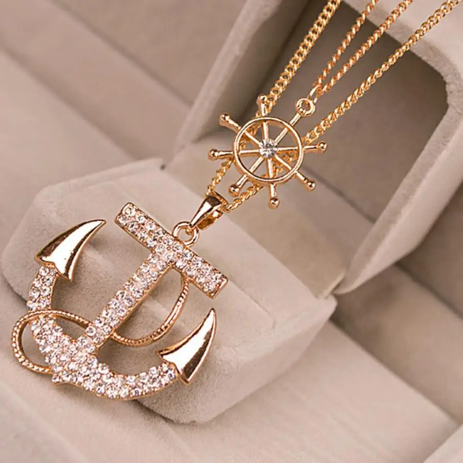 

Fashion 2 Colors White Navy Crystal Rhinestone Anchor Rudder Pendant Necklace Long Chain Personality For Women