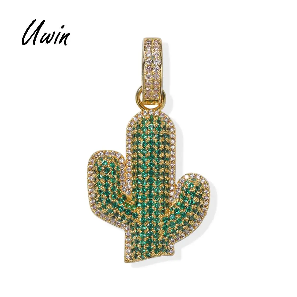 

UWIN Hiphop Mens Green CZ Cactus Pendant Gold Plated Jewelry Dropshipping Necklace, Silver / gold