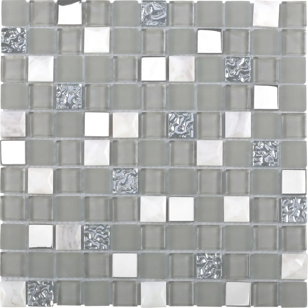 Bathroom Wall Decor Crystal White Resin Mix Metal Tile Square Mosaic