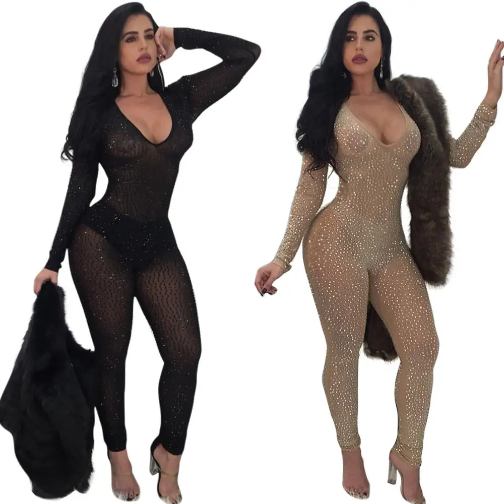 

FM-Y036 New Arrivals Women Sexy Deep V-Neck Back Zipper Long Sleeve Rhinestone Glitter See-Through Girls Fashion Party Wear, As pictures