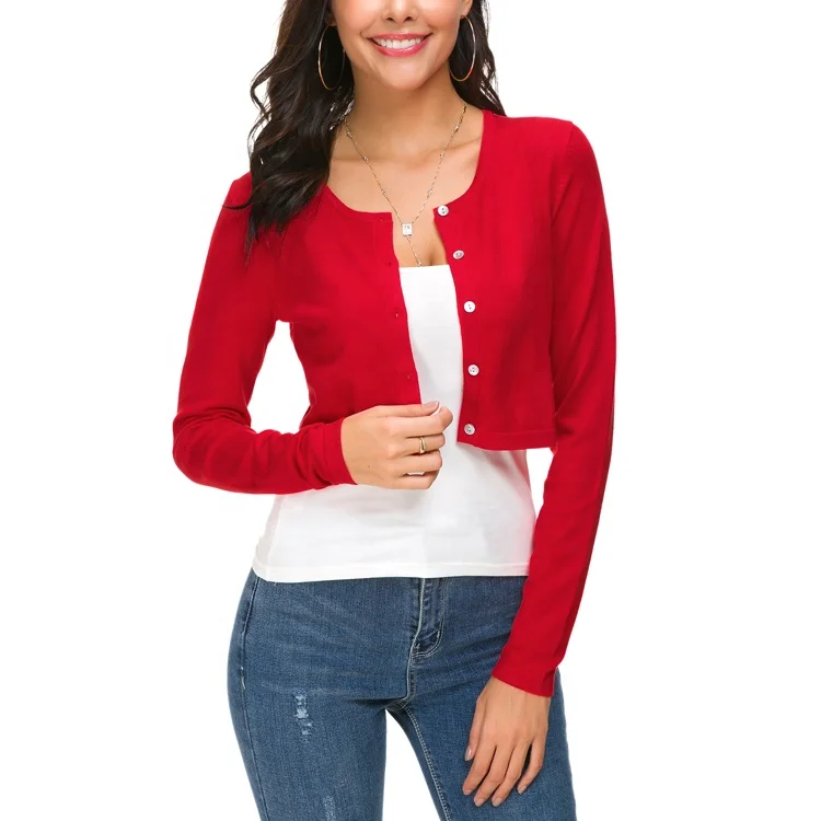 

Amazon Hot Sale Woman Button Down Crew Neck Cropped Knit Cardigan Sweater