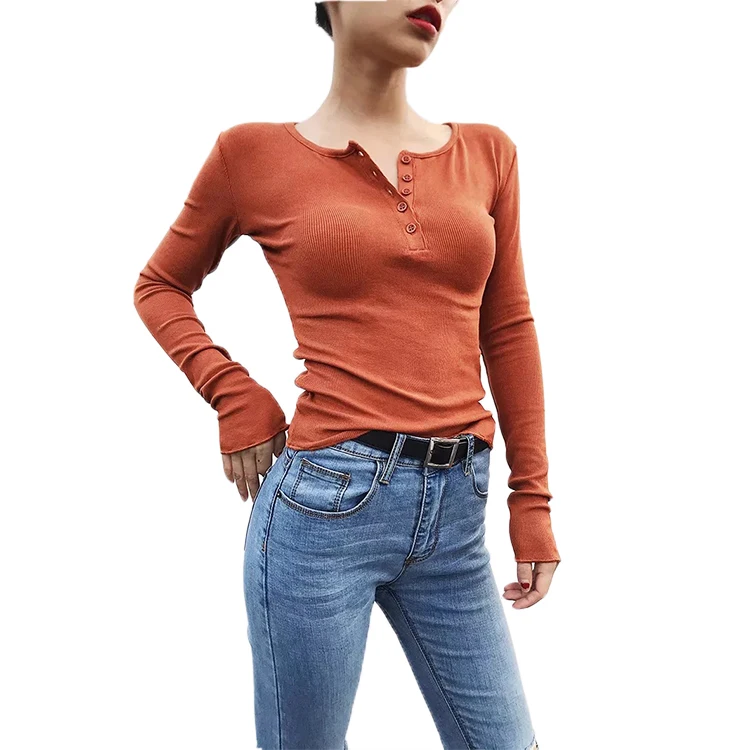 

Wholesale Women Solid Color Tight Fit Knitted T-shirt, Orange,gray,khaki