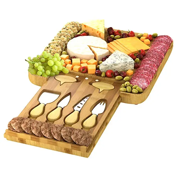 

Cheese Board Set- Large Charcuterie Bamboo Serving Tray Platter with 4 Knives & Cheese Markers., Natural