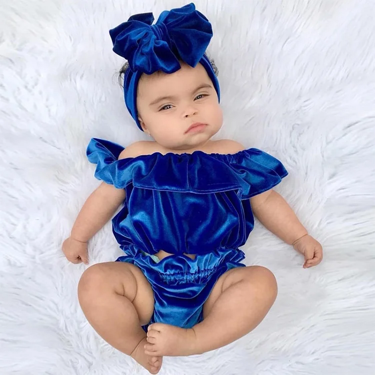 

Fashion boutique off shoulder summer solid velvet baby girl clothes set, Blue, pink
