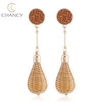 

Handmade boho style women jewelry long drop woven straw earring