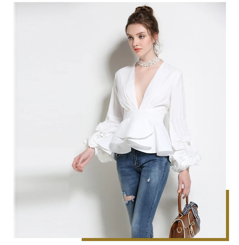 

2018 autumn Casual Women V-Neck Long Sleeve ladies Blouses Female Fashion Autumn puffy Shirts Ladies White Tops