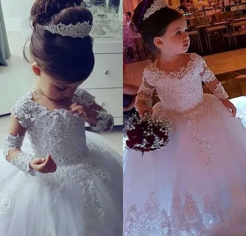 

ZH4068G 2019 Flower Girls Dresses Long Sleeves Lace Appliques Beaded Princess Jewel Neck Birthday Girls Communion Pageant Gown, Custom made