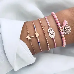 5 Pcs/Set Boho Women Pineapple Tassels Bracelet Heart Coconut Tree Chain Bead Leather Bracelet Set