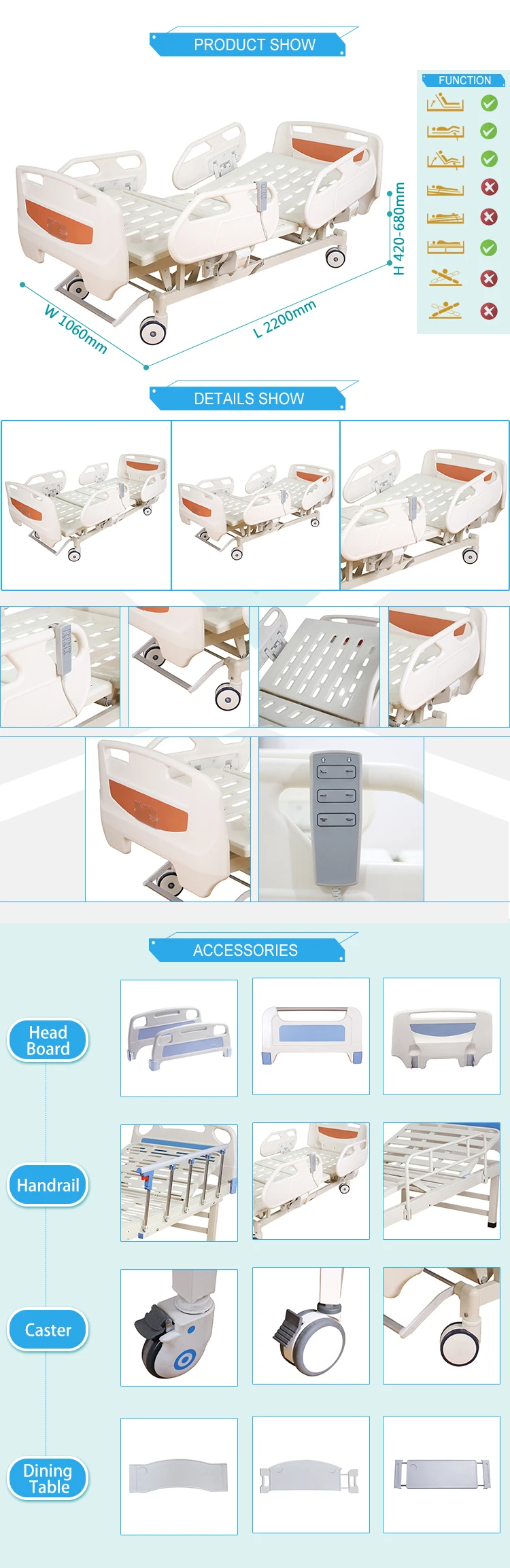 folding electric hospital bed with luxurious wheels