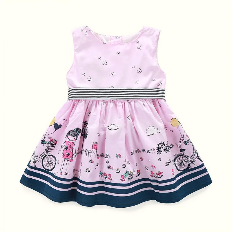 

F40268A Hot sale pink color printed cartoon kids baby girl cotton summer dresses