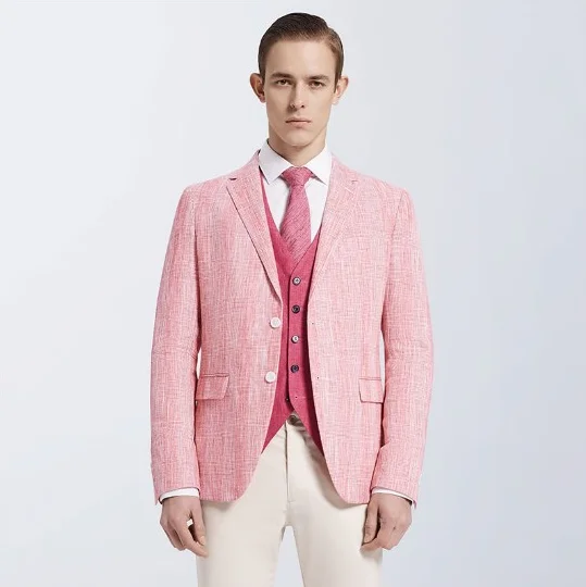 

Italian suit 100% linen fabric suit mens blazer slim casual new pant coat design, Light pink