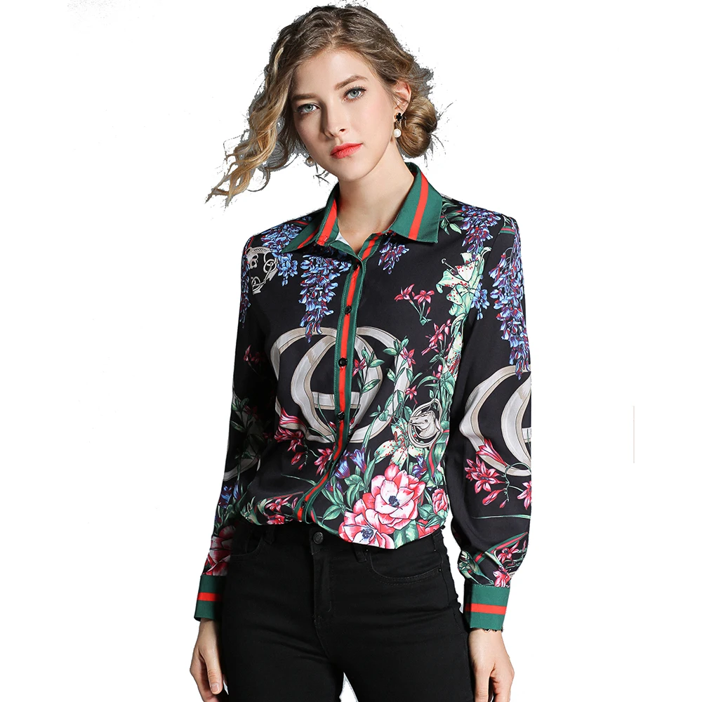 

European and American Autumn Women Fashion Top Red and Green Single Breasted Dark Color Printed Casual Shirt, Print