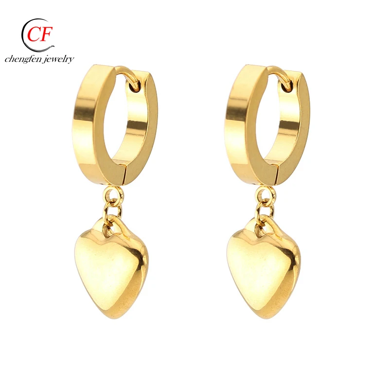

Chengfen Factory Direct Sale Sself piercing hoop earrings stainless Steel Dangle Heart Hoop Earring, Gold,rose gold, steel