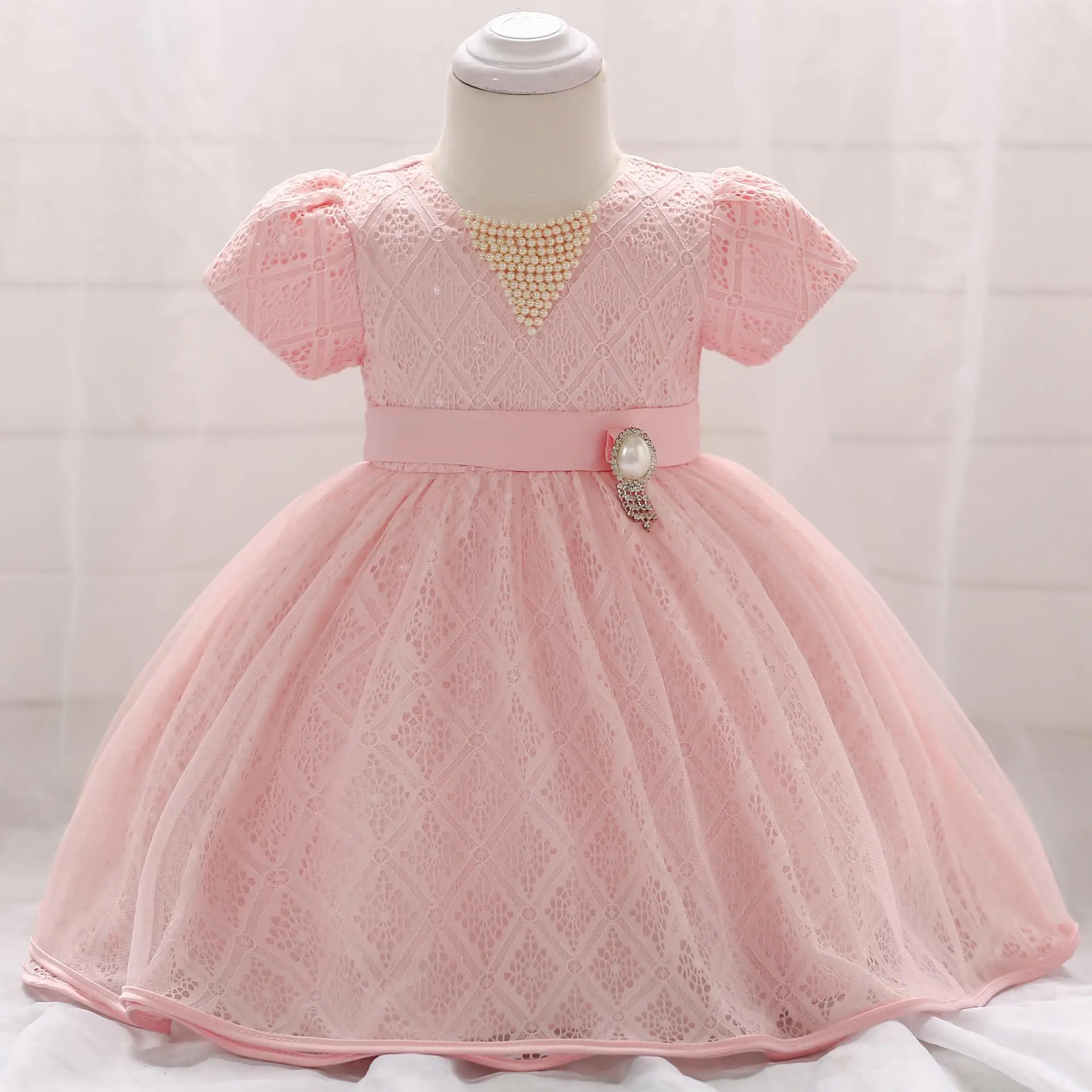 

Kids Princess Short Sleeve Dress Baby Girl Baptism And Christening Frock L1857XZ, Pink,red