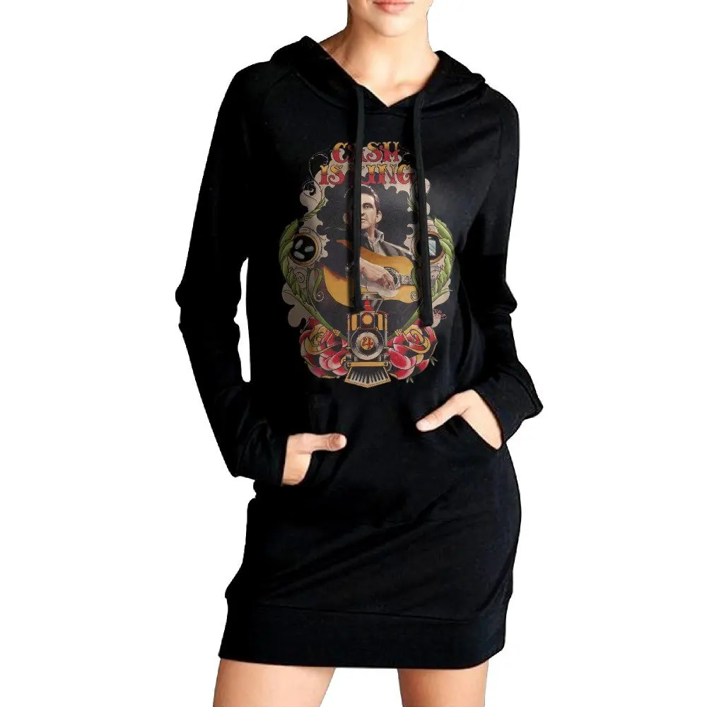 Hiro Women Johnny Cash Sweatshirt Dress Pockets Tunic Top Black