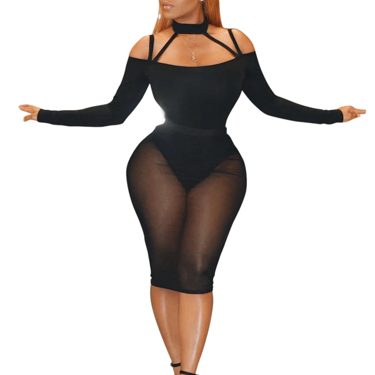 women casual one piece dress wholesale African Styles Sexy Black Long Sleeve Mesh Party Dress