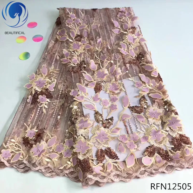 

Beautifical Wholesale pink 3d lace fabric flower lace embroidered fabric sequin french net lace for dresses RFN125, 7 colors