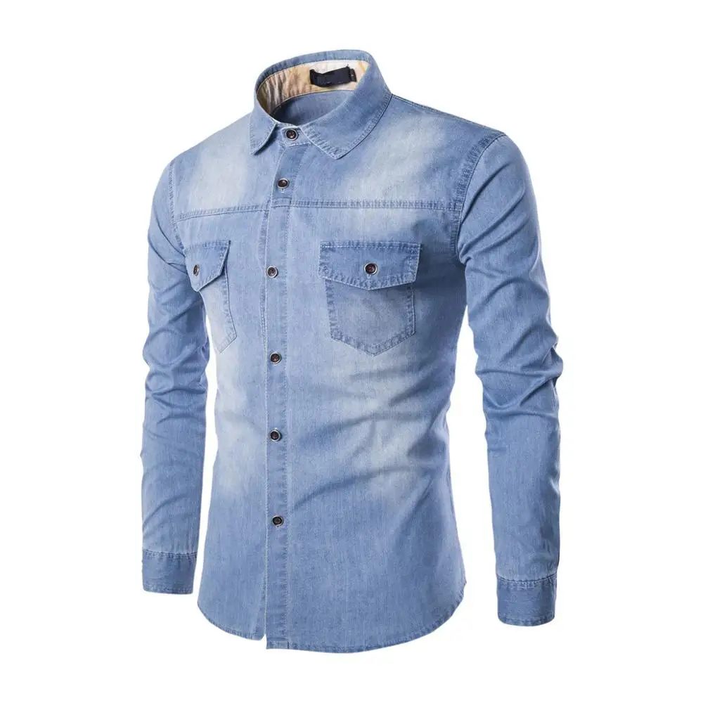 

High quality new fashion long sleeve casual cotton soft blank oem logo plain jeans shirts for men, Black blue