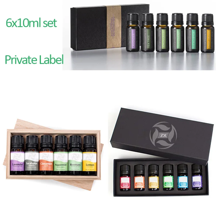 

OEM Supply 100% pure Therapeutic Grade Aromatherapy 6 bottle/10ml Pack Pure Essential Oil Set Gift Box
