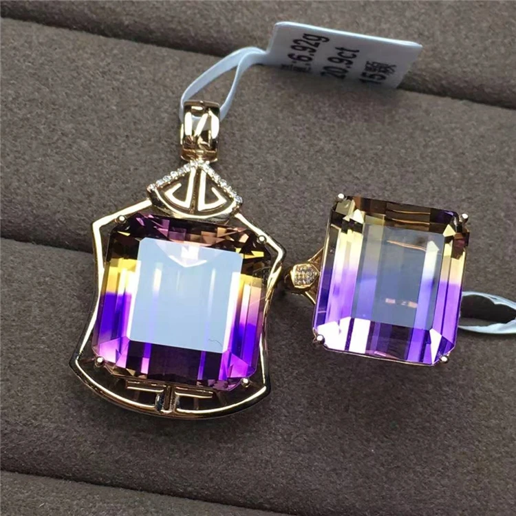 

cz necklace set 18k gold South Africa real diamond natural ametrine jewelry sets pendant/ring for women india jewelry set