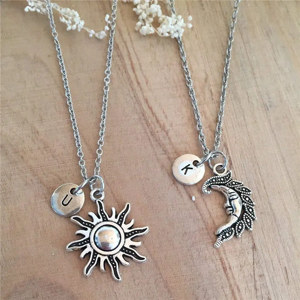 Buy 2 Sun and Moon Necklaces, Personized Necklace With Initial, BFF Necklaces, 2 Best Friends Buy 2 Sun and Moon Necklaces, Personized Necklace With Initial, BFF Necklaces, 2 Best Friends