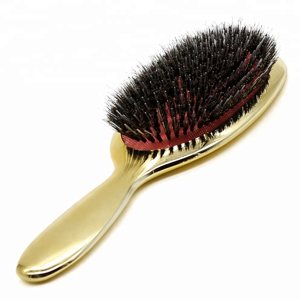 

Gold Plating Paddle Wild Boar Bristle Massage Hair Brush In Big Size, Gold, silver