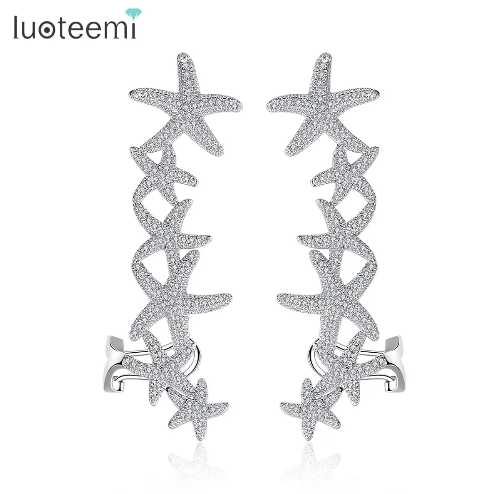 

LUOTEEMI Women Brincos Jewelry 2017 New Design Fashion Starfish Statement CZ Crystal Piercing Ear Cartilage Stud Earrings, N/a