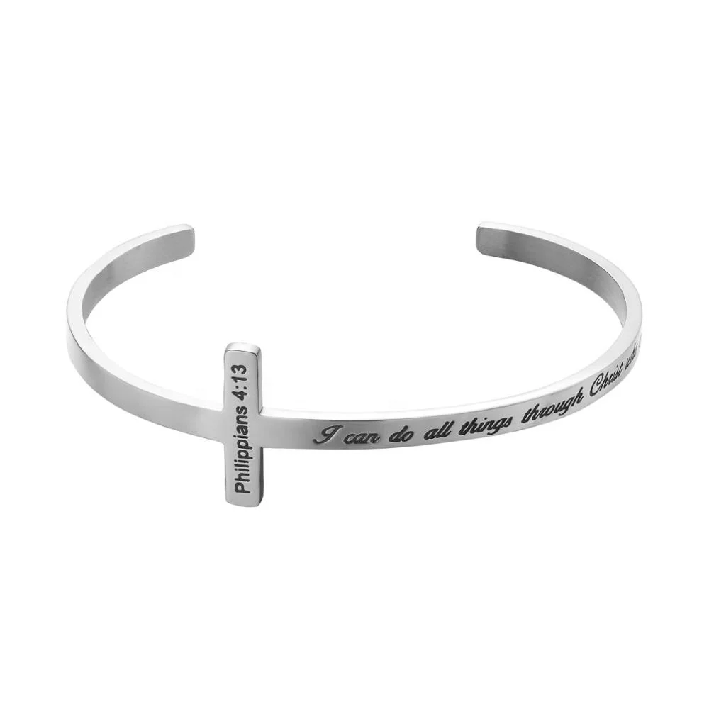 

Loftily Jewelry Newest Hot Sale Custom Engraved Bible Verse Christian 316L Stainless Steel Religious Cross Bracelet For Women, Silver